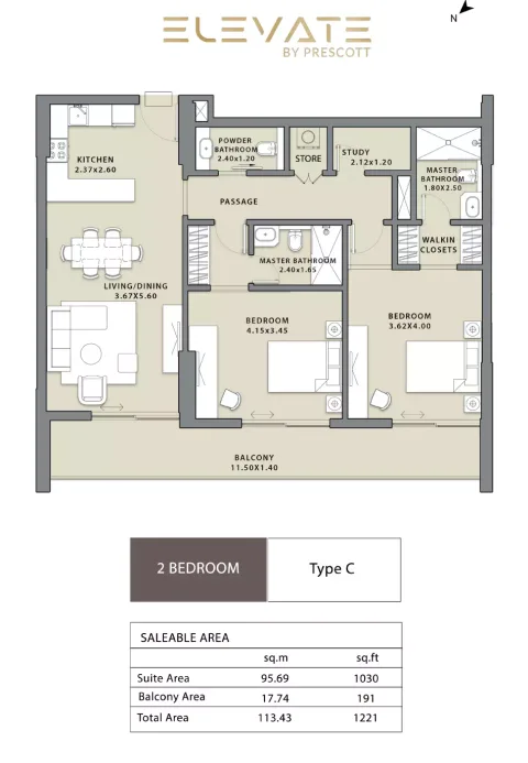 Floor plan, 2 Beds, 1,221 sq ft