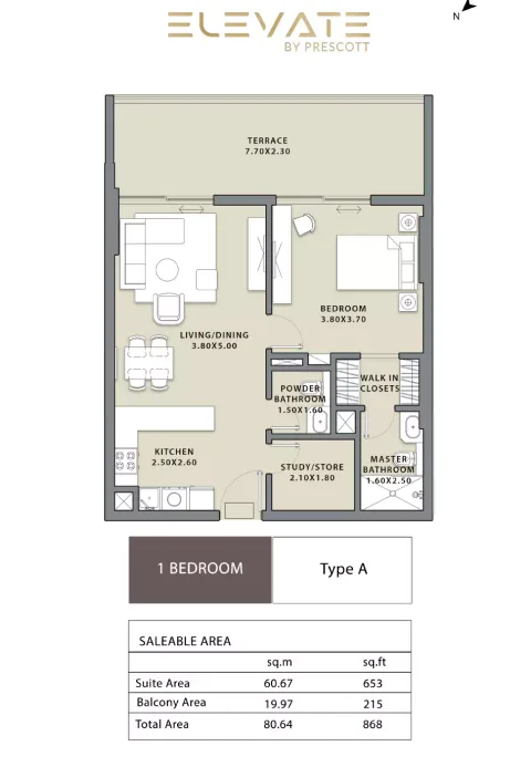 Floor plan, 1 Bed, 868 sq ft
