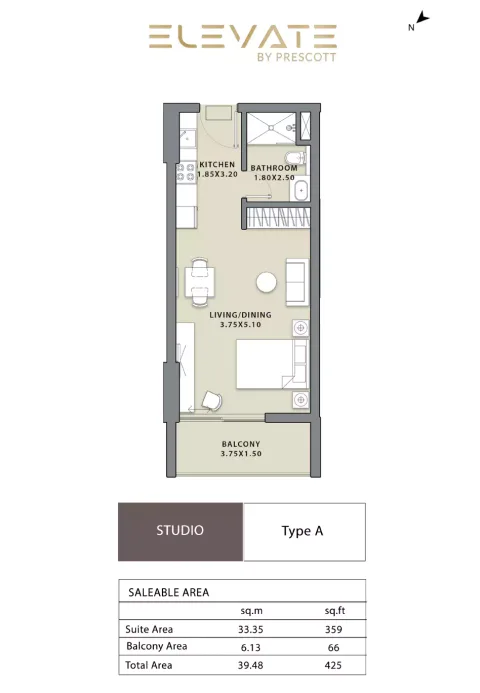 Floor plan, Studio, 425 sq ft