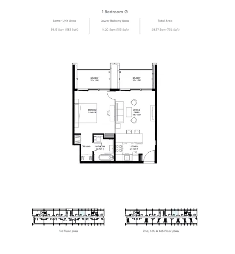 Floor plan, 1 Bed, 736 sq ft