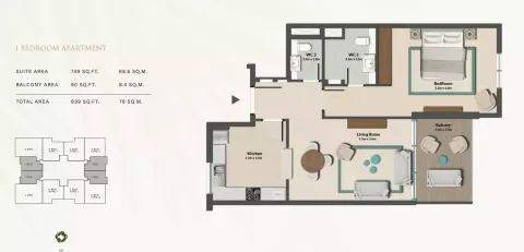 Floor plan, 1 Bed, 839 sq ft
