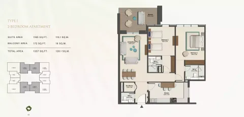 Floor plan, 2 Beds, 1,357 sq ft