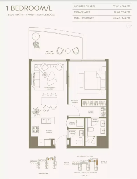 Floor plan, 1 Bed, 743 sq ft