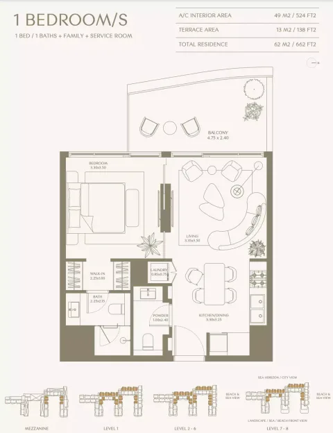 Floor plan, 1 Bed, 662 sq ft