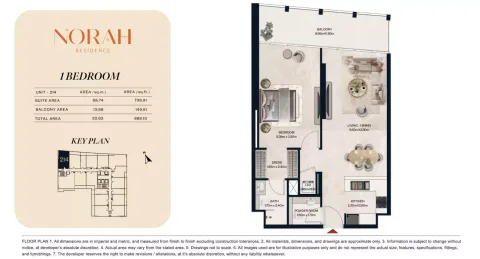 Floor plan, 1 Bed, 889 sq ft