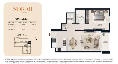 Floor plan, 1 Bed, 673 sq ft