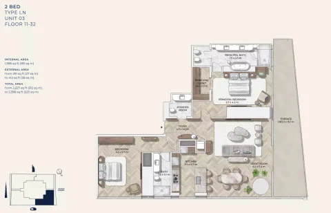 Floor plan, 2 Beds, 2,398 sq ft