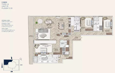 Floor plan, 3 Beds, 3,069 sq ft