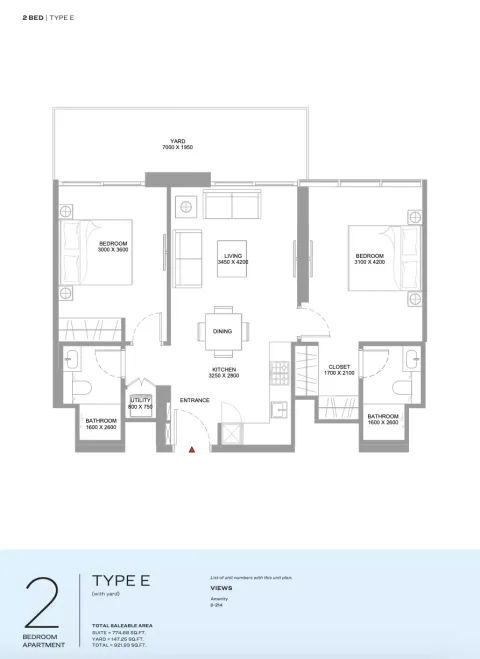 Floor plan, 2 Beds, 921 sq ft
