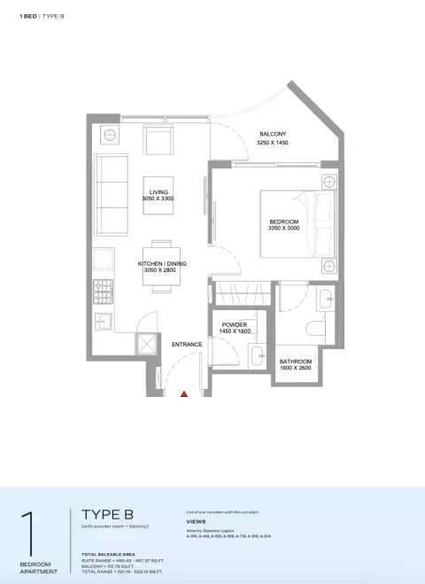 Floor plan, 1 Bed, 521 sq ft