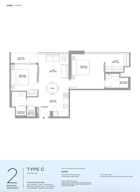Floor plan, 2 Beds, 839 sq ft