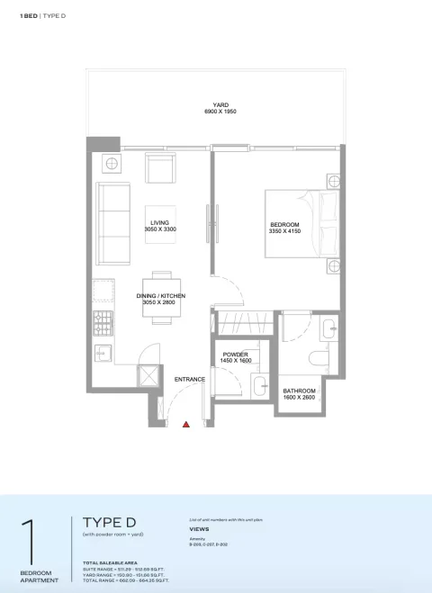 Floor plan, 1 Bed, 662 sq ft