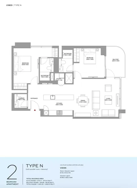 Floor plan, 2 Beds, 1,061 sq ft