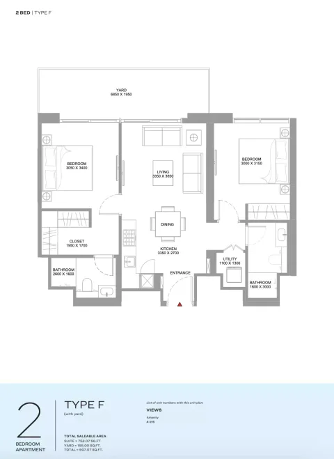 Floor plan, 2 Beds, 907 sq ft