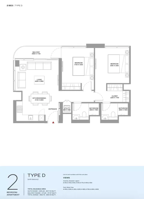 Floor plan, 2 Beds, 862 sq ft