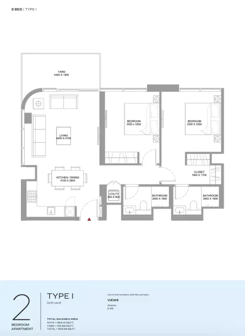 Floor plan, 2 Beds, 964 sq ft