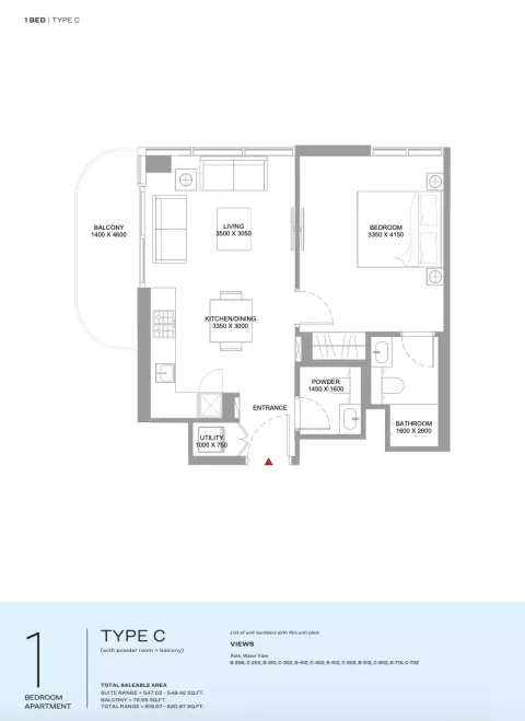 Floor plan, 1 Bed, 619 sq ft