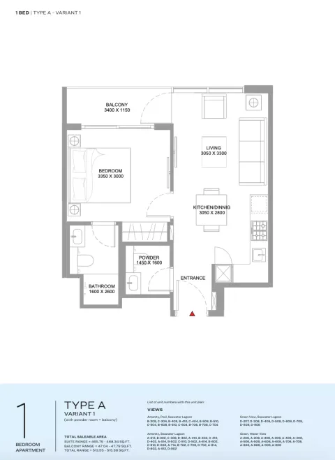 Floor plan, 1 Bed, 513 sq ft