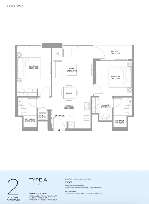 Floor plan, 2 Beds, 775 sq ft