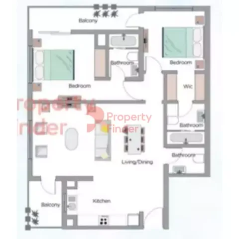 Floor plan, 2 Beds, 1,275 sq ft