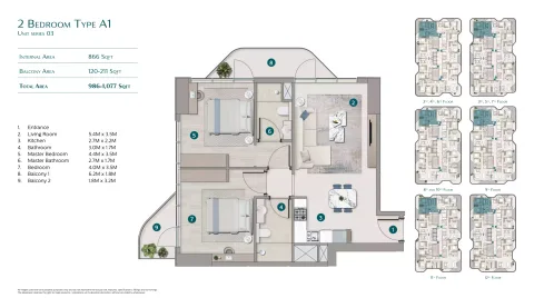 Floor plan, 2 Beds, 986 sq ft