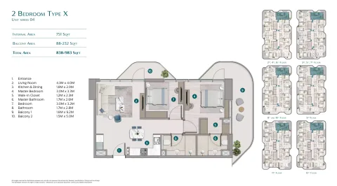 Floor plan, 2 Beds, 838 sq ft