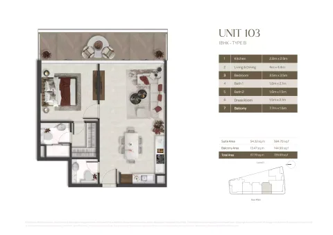 Floor plan, 1 Bed, 729 sq ft