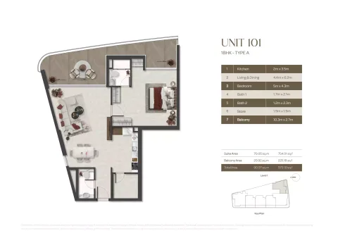 Floor plan, 1 Bed, 979 sq ft