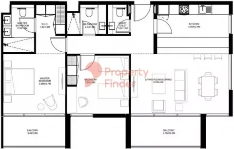 Floor plan, 2 Beds, 1,255 sq ft