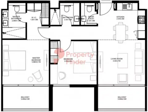 Floor plan, 2 Beds, 1,069 sq ft