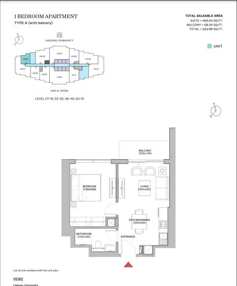 Floor plan, 1 Bed, 523 sq ft
