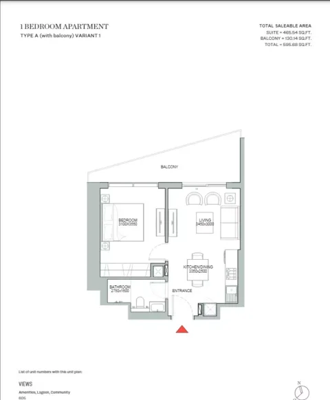 Floor plan, 1 Bed, 595 sq ft