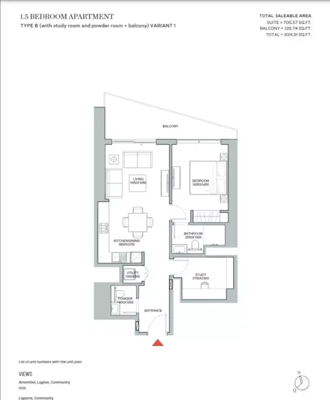 Floor plan, 1 Bed, 834 sq ft