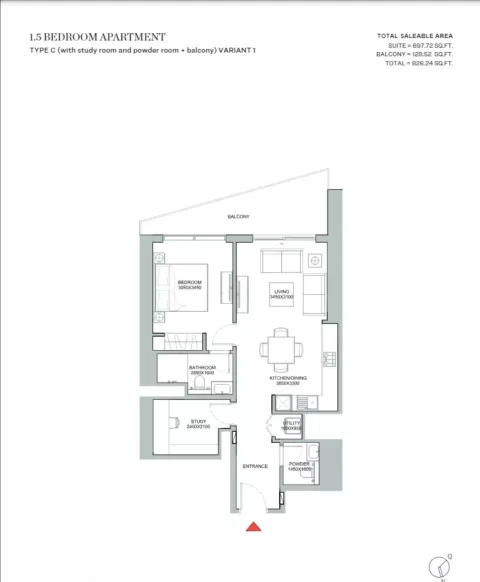 Floor plan, 1 Bed, 826 sq ft