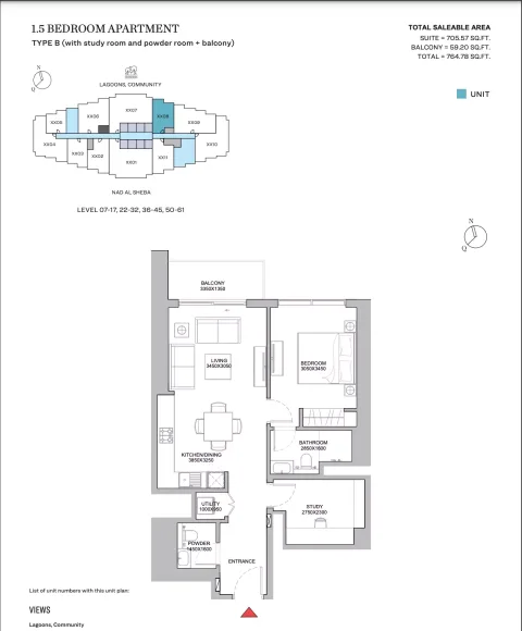Floor plan, 1 Bed, 764 sq ft
