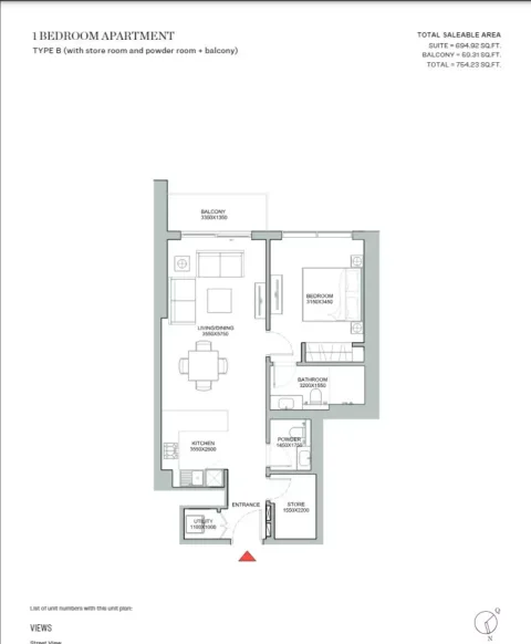 Floor plan, 1 Bed, 754 sq ft
