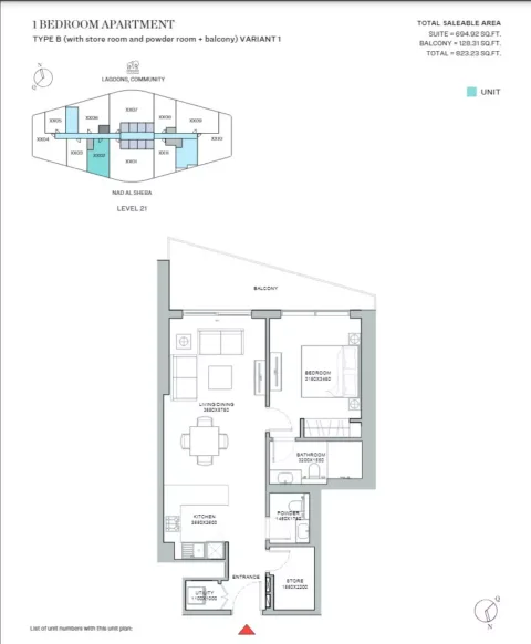 Floor plan, 1 Bed, 823 sq ft