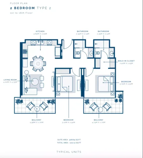 Floor plan, 2 Beds, 1,102 sq ft