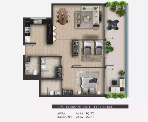 Floor plan, 2 Beds, 968 sq ft