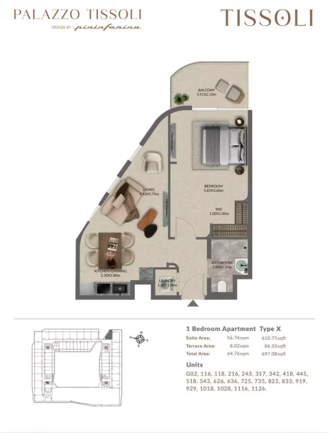 Floor plan, 1 Bed, 697 sq ft