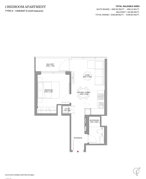 Floor plan, 1 Bed, 549 sq ft