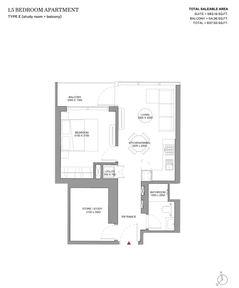 Floor plan, 2 Beds, 637 sq ft