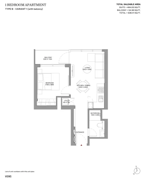 Floor plan, 1 Bed, 538 sq ft