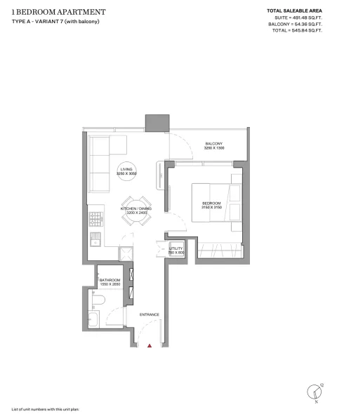 Floor plan, 1 Bed, 545 sq ft