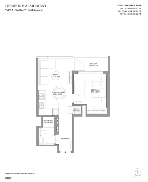 Floor plan, 1 Bed, 546 sq ft