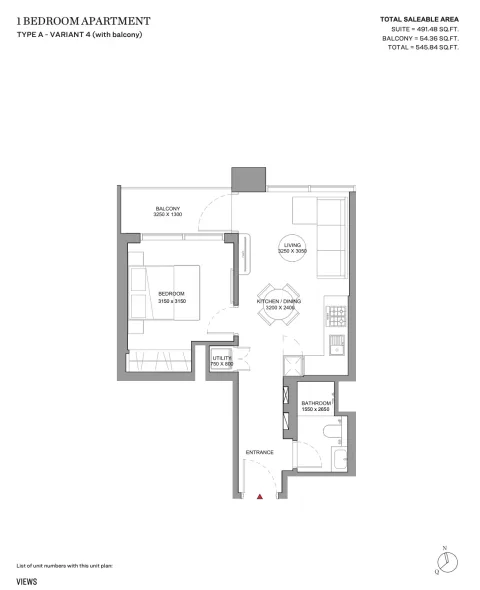 Floor plan, 1 Bed, 545 sq ft