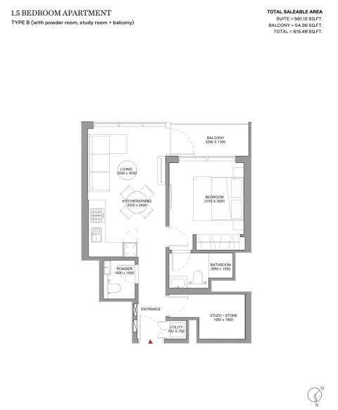 Floor plan, 2 Beds, 615 sq ft