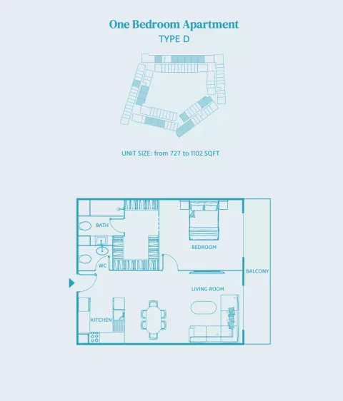 Floor plan, 1 Bed, 1,102 sq ft