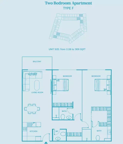 Floor plan, 2 Beds, 1,309 sq ft