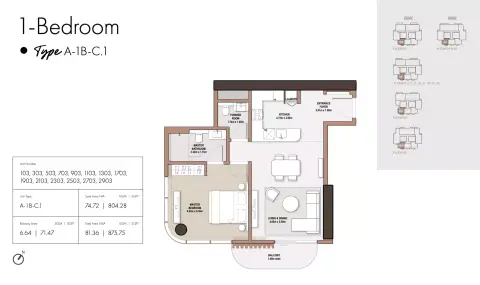 Floor plan, 1 Bed, 875 sq ft